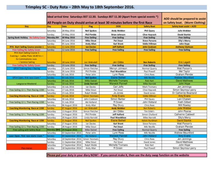 New Duty Roster May 28th To Sep 18th 2016 Trimpley Sailing Club